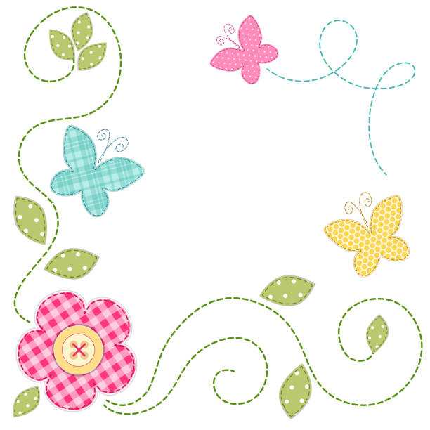 illustrazioni stock, clip art, cartoni animati e icone di tendenza di carino biglietto primaverile retrò come applique in tessuto patch di fiori e farfalle - quilt patchwork sewing textile