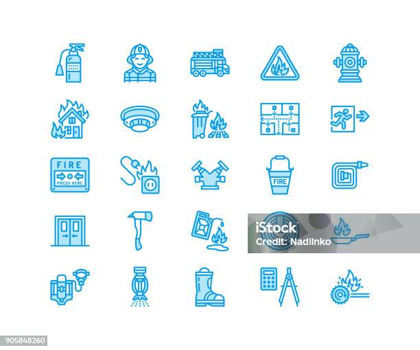 Firefighting Fire Safety Equipment Flat Line Icons Firefighter Car Extinguisher Smoke Detector House Danger Signs Firehose Flame Protection Thin Linear Pictogram Pixel Perfect 64x64 Stock Illustration - Download Image Now