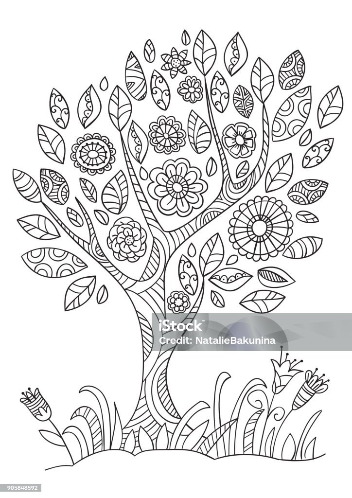 Flowering tree in doodle style. Coloring book page with flowering tree in doodle style. Hand drawn sketch, black and white. Coloring Book Page - Illlustration Technique stock vector