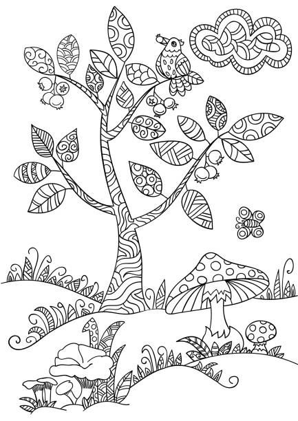 ilustrações de stock, clip art, desenhos animados e ícones de floral doodle tree. - summer backgrounds line art butterfly
