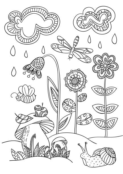 ilustraciones, imágenes clip art, dibujos animados e iconos de stock de claro de bosque en el estilo de garabato. - spring grass cloud butterfly