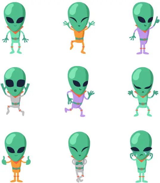 Vector illustration of Funny cartoon aliens vector green humanoid characters