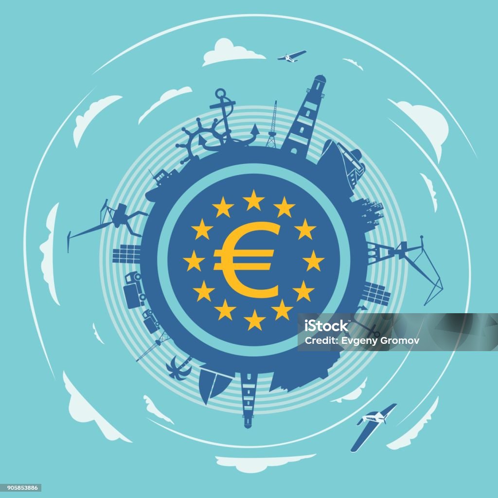 Cargo port and travel relative silhouettes. Circle with sea shipping and travel silhouettes. Objects located around the circle. Euro money sign in the circle. Modern brochure, report or leaflet design template. Cloudscape with airplanes Composite Image stock vector
