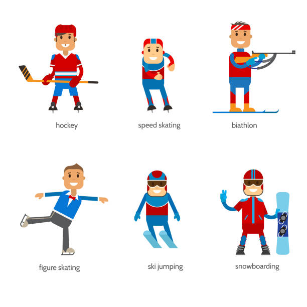 ilustraciones, imágenes clip art, dibujos animados e iconos de stock de conjunto de deportistas deporte de invierno sobre un fondo blanco. - ski jumping snowboarding snowboard jumping