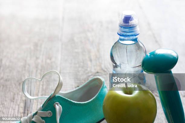 Love Fitness And Diet Abstract Background Concept With Heart Shoelace And Gym Equipment Stock Photo - Download Image Now
