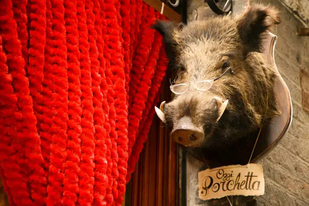 Photo of Wild boar head on a meat shop front in Siena, Italy.