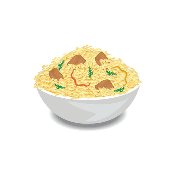 Illustration of hot pilaf with rice, meat and pepper in a bowl. Illustration of hot pilaf with rice, meat and pepper in a bowl. Vector Illustrator pilau rice stock illustrations