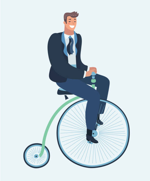 Vector cartoon funny illustration of Man on retro vintage old bicycle vector illustration. Vector cartoon funny illustration of groom on retro vintage old bicycle vector illustration. Funny happy male character on Penny farthing bicycle penny farthing bicycle stock illustrations