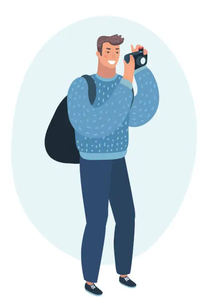 Vector illustration of Man taking photo with digital camera side view.