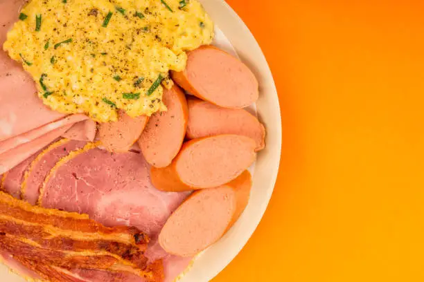 Photo of Swedish or Norwegian Style Scrambled Eggs Sausage Bacon and Ham Breakfast