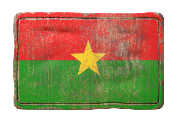 3d rendering of a Burkina Faso flag over a rusty metallic plate. Isolated on white background.