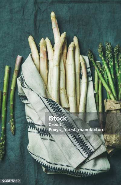 Fresh Green And White Asparagus In Towel Top View Stock Photo - Download Image Now - Asparagus, Textile, Green Color