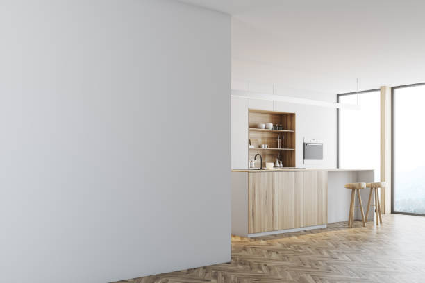 istock White kitchen, wooden bar stand, wall 905875692