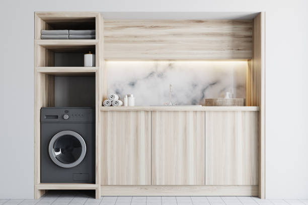 istock Marble and wooden laundry room, close up 905878994