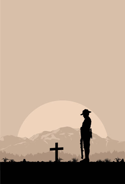 ilustraciones, imágenes clip art, dibujos animados e iconos de stock de silueta de soldado homenaje en una tumba en día de anzac, vector - place of burial illustrations