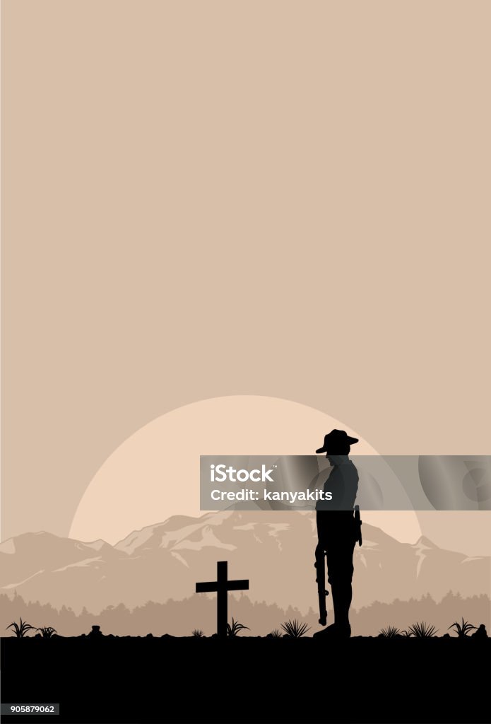 Silhouette of soldier paying tribute at a grave on Anzac day, vector EPA 10 ANZAC Day stock vector