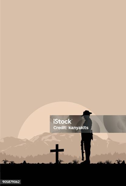 Silhouette Of Soldier Paying Tribute At A Grave On Anzac Day Vector Stock Illustration - Download Image Now