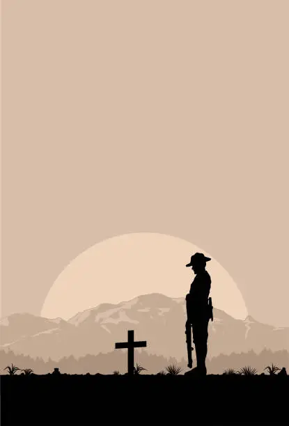 Vector illustration of Silhouette of soldier paying tribute at a grave on Anzac day, vector