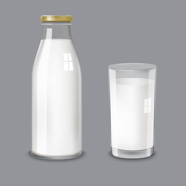 Transparent glass bottle and a glass milk Transparent glass bottle and a glass cup with milk on a transparent background. Vector illustration by category of dairy products. barren cow stock illustrations