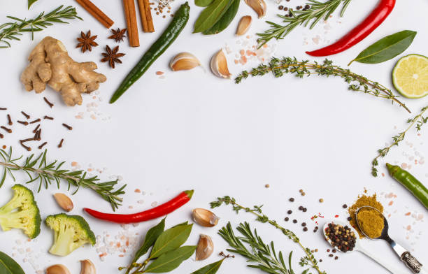selection of spices, herbs and greens. ingredients for cooking. white background, top view, copy space. - indian culture spice cooking herb imagens e fotografias de stock