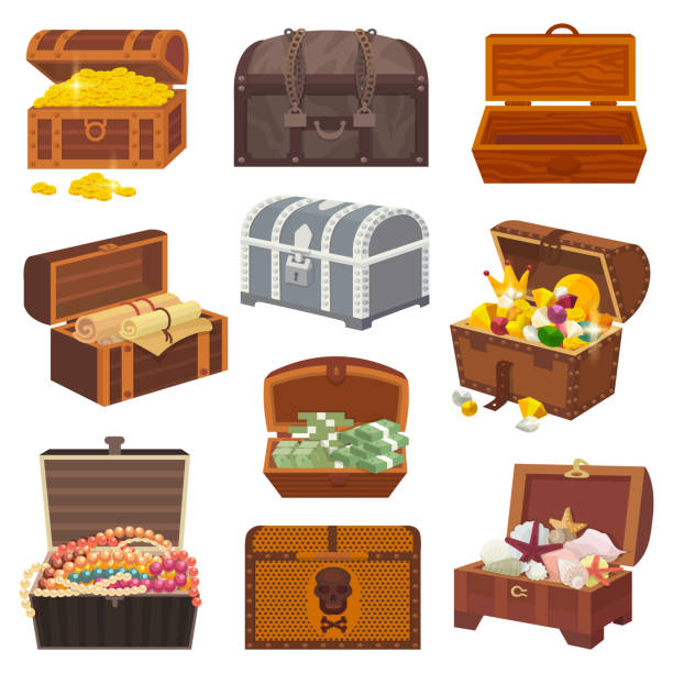 Chest vector treasure box with gold money wealth or wooden pirate chests with golden coins and ancient jewels illustration isolated on white background Chest vector treasure box with gold money wealth or wooden pirate chests with golden coins and ancient jewels illustration isolated on white background. old lunch box stock illustrations