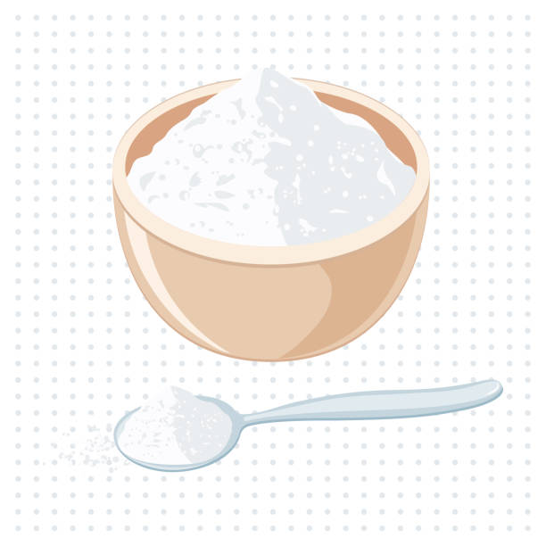 ilustrações de stock, clip art, desenhos animados e ícones de baking soda powder in bowl with spoon - ground flour white heap