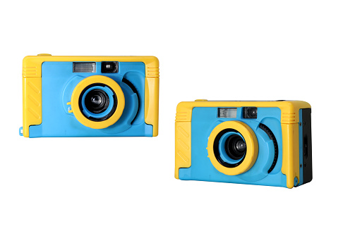 vintage colorful toy camera film on isolated white background