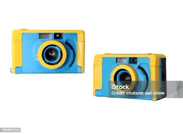 Vintage Colorful Toy Camera Film On Isolated White Background Stock Photo - Download Image Now