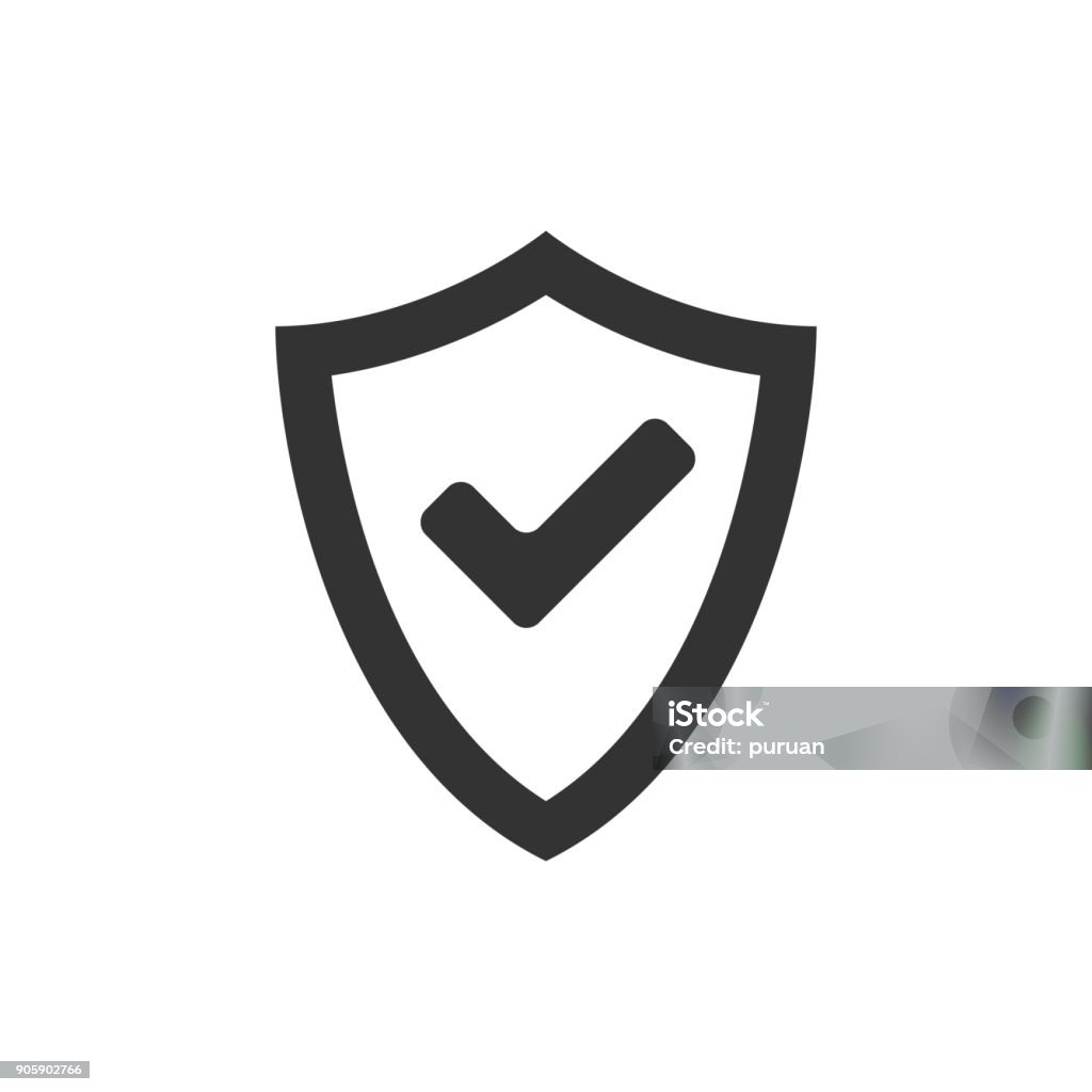 BW icon - Shield check Shield icon with checkmark in single grey color. Protection guard safety Shield stock vector
