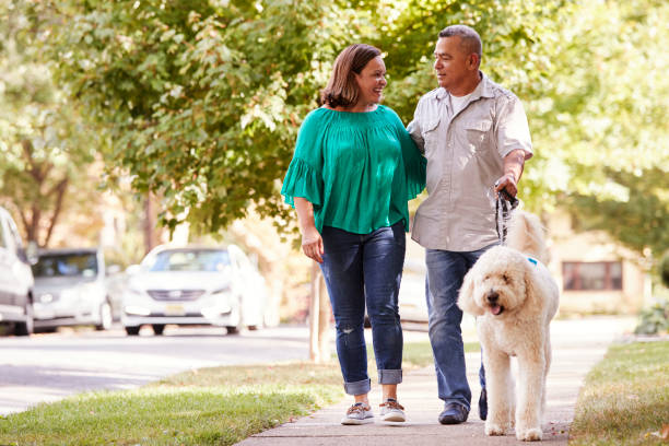 älteres paar walking hund entlang der suburban street - domestic life heterosexual couple lifestyles mature adult stock-fotos und bilder