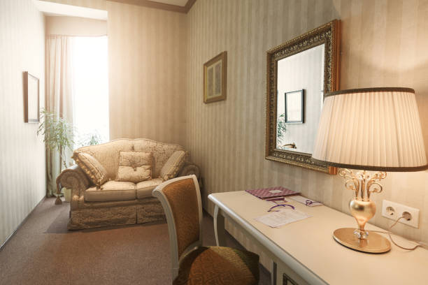 istock Interior of double bed hotel bedroom 905905864