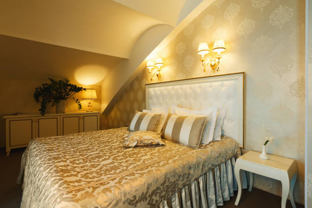 istock Interior of double bed hotel bedroom 905908722