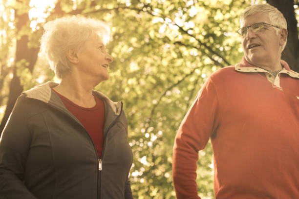 istock Senior couple walking trough park and having conversation. 905911402