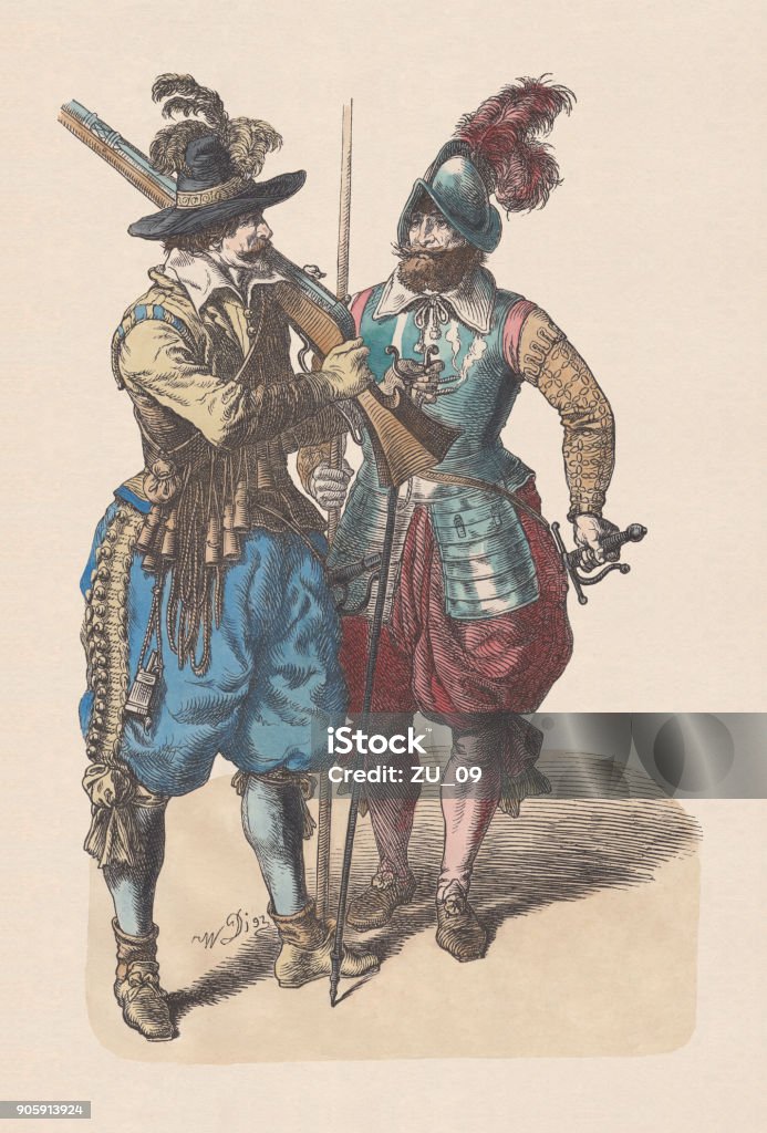 Musketeer and pikeman, middle 17th century, hand-colored woodcut, published c.1880 Musketeer and pikeman during the Thirty Years' War (1618 - 1648). Hand colored wood engraving, published c. 1880. Number 30 stock illustration