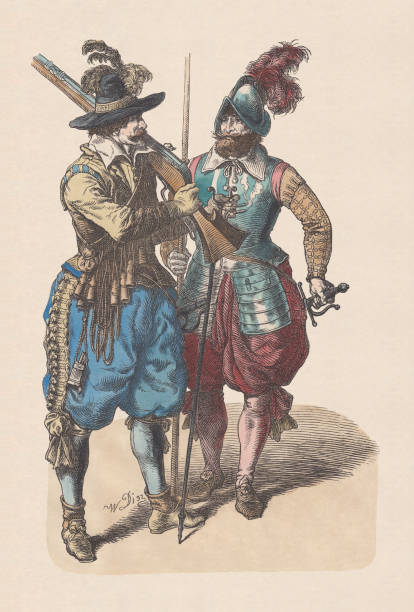 Musketeer and pikeman, middle 17th century, hand-colored woodcut, published c.1880 Musketeer and pikeman during the Thirty Years' War (1618 - 1648). Hand colored wood engraving, published c. 1880. pikeman stock illustrations