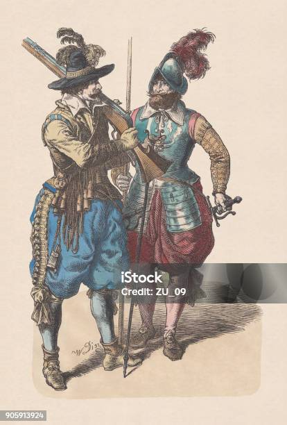 Musketeer And Pikeman Middle 17th Century Handcolored Woodcut Published C1880 Stock Illustration - Download Image Now