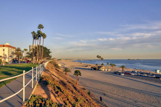View of coastal Long Beach in Southern California. VIew of coastal Long Beach in Southern California at sunset, with sandy beaches and the blue Pacific ocean. long beach california photos stock pictures, royalty-free photos & images