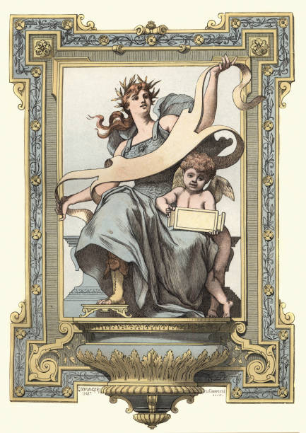 богиня минерва и амур - illustration and painting old fashioned image created 19th century antique stock illustrations