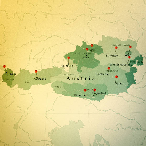 3D Render of a Map of Austria with Straight Pins at the Position of important Cities. Vintage Color Style. Very high resolution available!All source data is in the public domain.http://www.naturalearthdata.com/about/terms-of-use/Made with Natural Earth: Internal Administrative Boundaries,  Populated Placeshttp://www.naturalearthdata.com/downloads/10m-cultural-vectors/