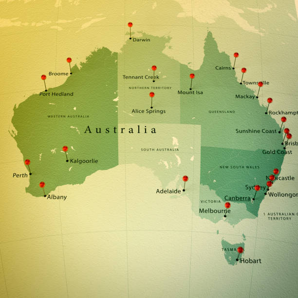 3D Render of a Map of Australia with Straight Pins at the Position of important Cities. Vintage Color Style. Very high resolution available!

All source data is in the public domain.
Made with Natural Earth: Internal Administrative Boundaries,  Populated Places
http://www.naturalearthdata.com/downloads/10m-cultural-vectors/