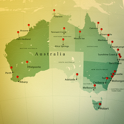 3D Render of a Map of Australia with Straight Pins at the Position of important Cities. Vintage Color Style. Very high resolution available!

All source data is in the public domain.
Made with Natural Earth: Internal Administrative Boundaries,  Populated Places
http://www.naturalearthdata.com/downloads/10m-cultural-vectors/