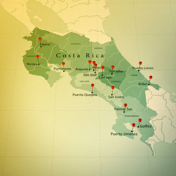 3D Render of a Map of Costa Rica with Straight Pins at the Position of important Cities. Vintage Color Style. Very high resolution available!\n\nAll source data is in the public domain.\nhttp://www.naturalearthdata.com/about/terms-of-use/\nMade with Natural Earth: Internal Administrative Boundaries,  Populated Places\nhttp://www.naturalearthdata.com/downloads/10m-cultural-vectors/