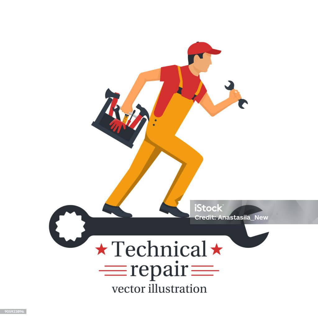 Technical repair vector Technical repair. Banner call technician. Repairman hold wrench and tool box in hand. Vector illustration flat design. Isolated on white background. Worker customer service. Mechanic stock vector