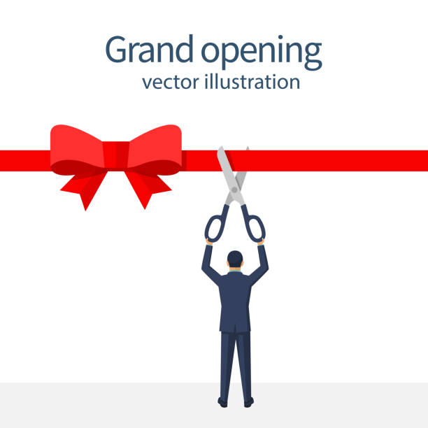 ilustrações de stock, clip art, desenhos animados e ícones de businessman is holding big scissors cutting red ribbon - beginnings business new business ribbon