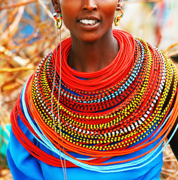 AFRICA,KENYA, SAMBURU,NOVEMBER 8: Portrait of Samburu  woman wearing traditional handmade necklaces,  review of daily life of local people, near Samburu Park National Reserve, November 8,2008,Kenya