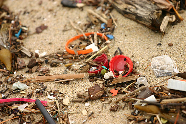 Various plastic debris on a beach stock photo