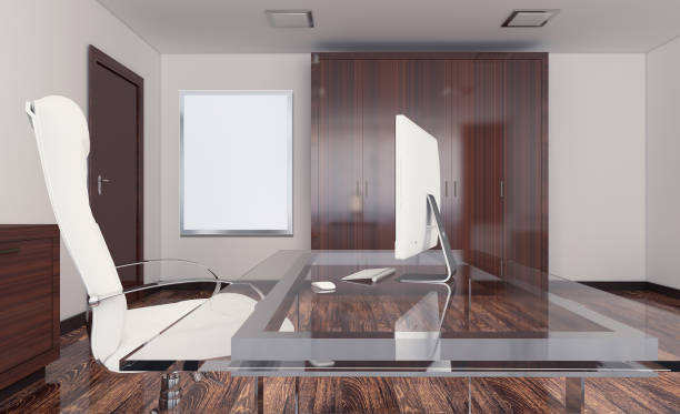 istock Open space office interior with like conference room. Mockup. 3D rendering. Empty paintings 905932234