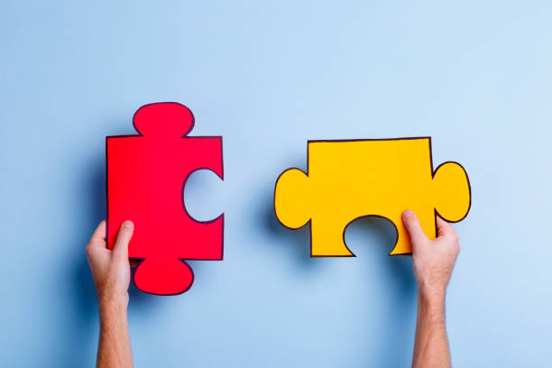 istock The hands hold two puzzles. On a blue background. 905932982