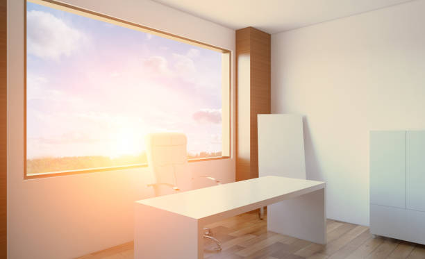 istock Open space office interior with like conference room. Mockup. 3D rendering. Sunset. 905933140