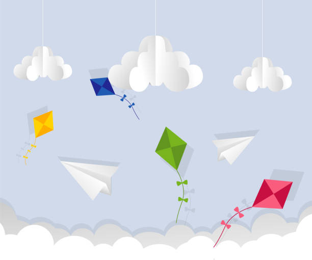 istock Paper airplane and kite in the sky. Cartoon flat vector illustration. Objects isolated on a 905935102